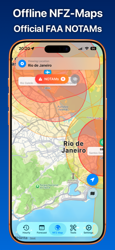 Weather4Fly no-fly zone and NOTAM information screen