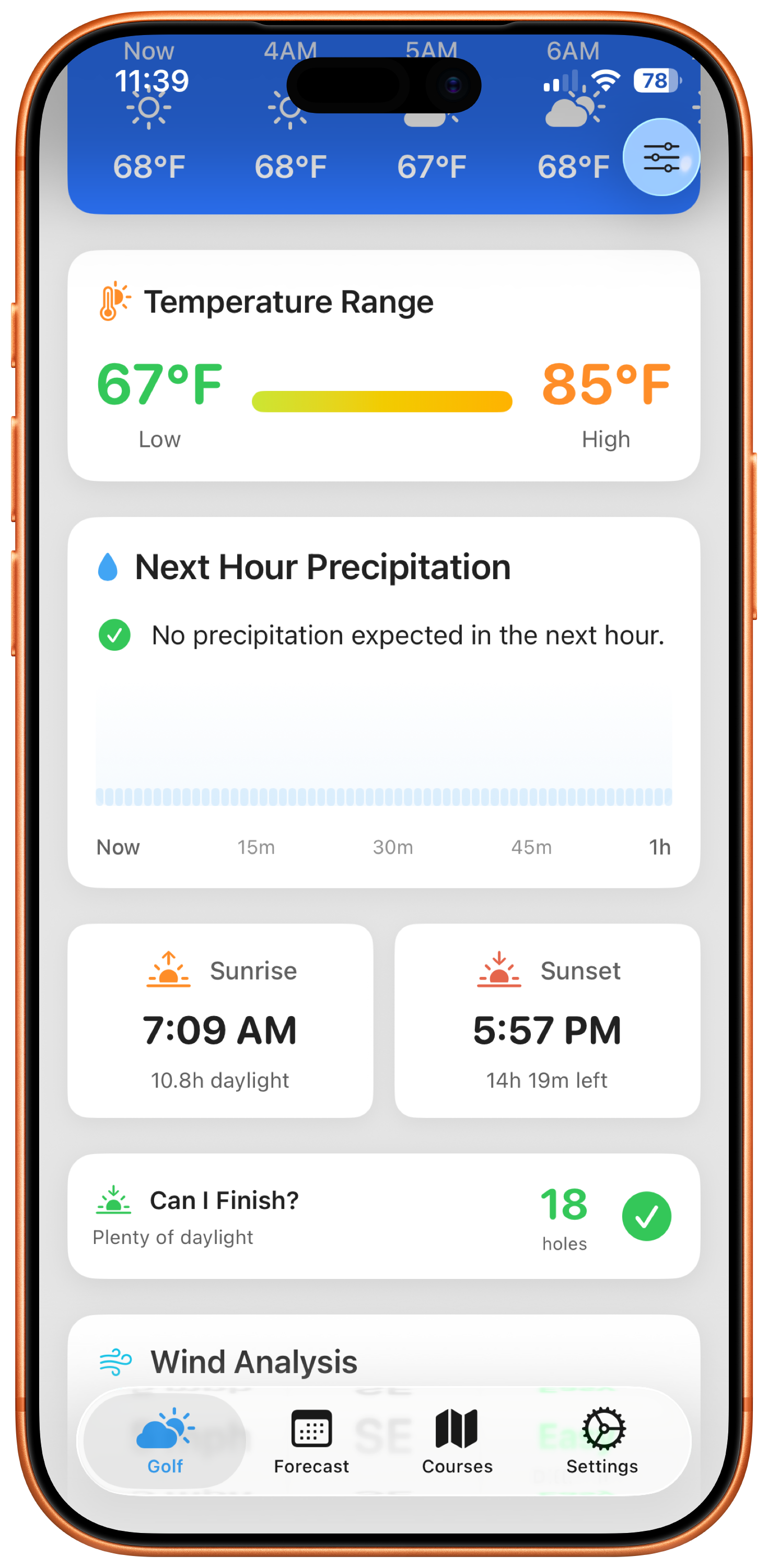 Weather4Golf advanced metrics view