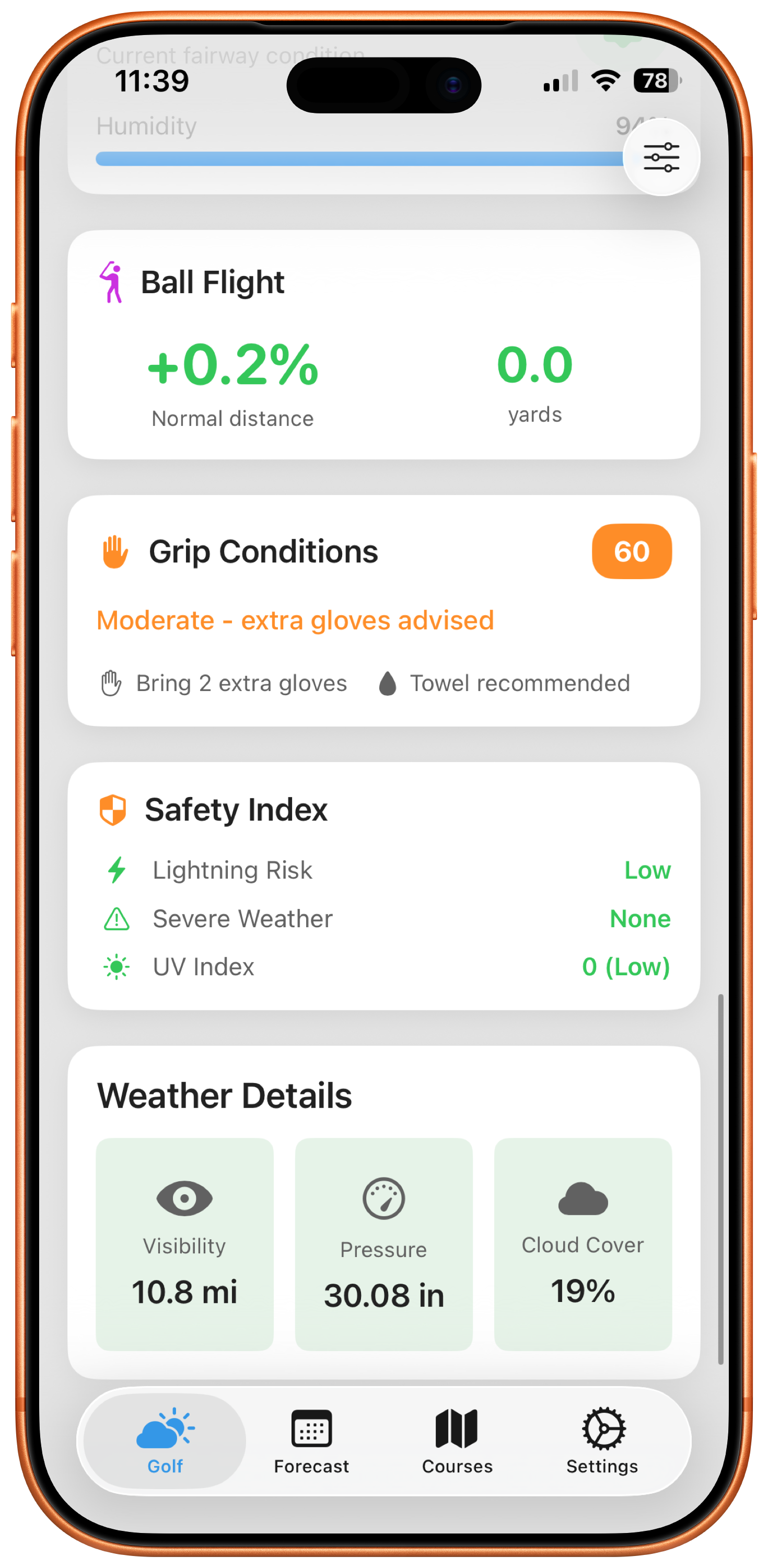 Weather4Golf hourly forecast detail